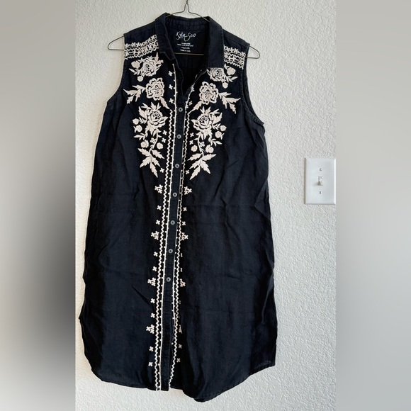 Kyla Seo Embroidered Midi button down 100% Linen Dress Black Medium - Picture 1 of 6